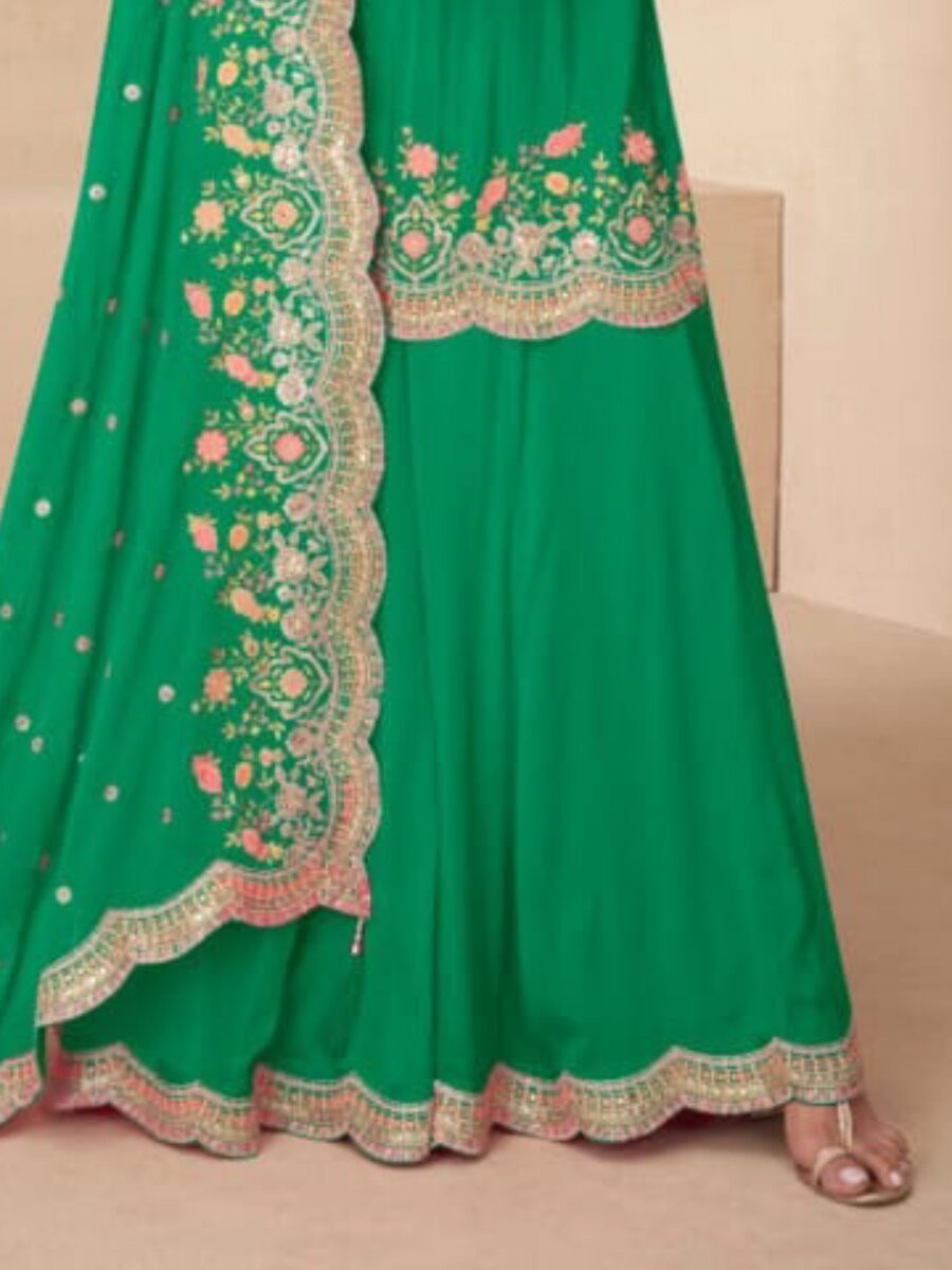 Green Real Chinon Embroidery Wedding Party Festival Casual Ready Palazzo Pant Salwar Kameez