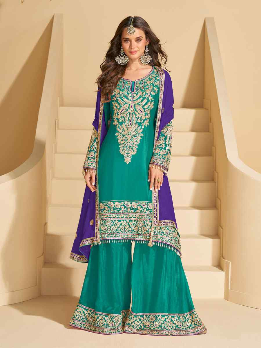 Green Real Chinon Silk Embroidered Party Wedding Ready Palazzo Pant Salwar Kameez