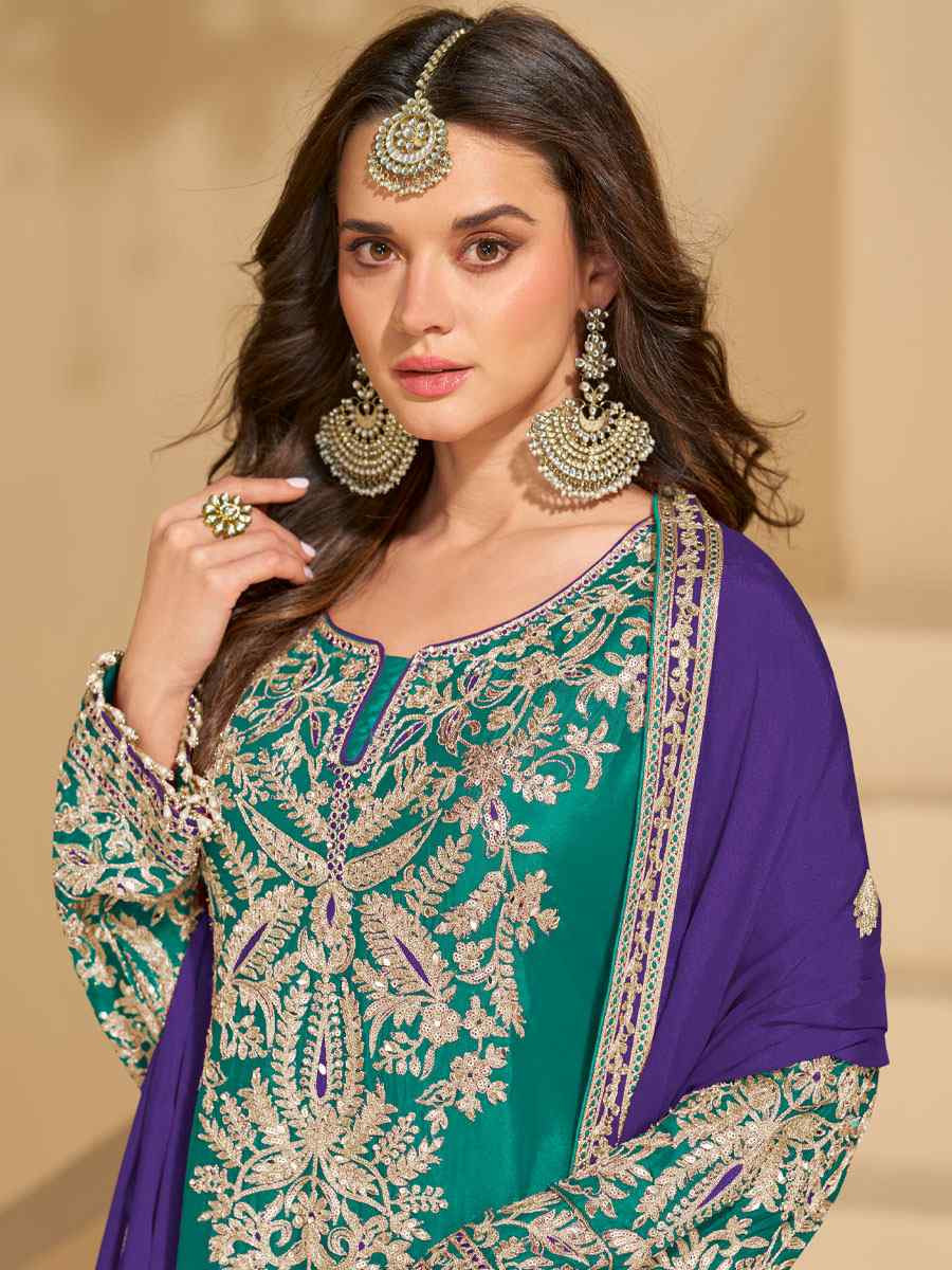 Green Real Chinon Silk Embroidered Party Wedding Ready Palazzo Pant Salwar Kameez