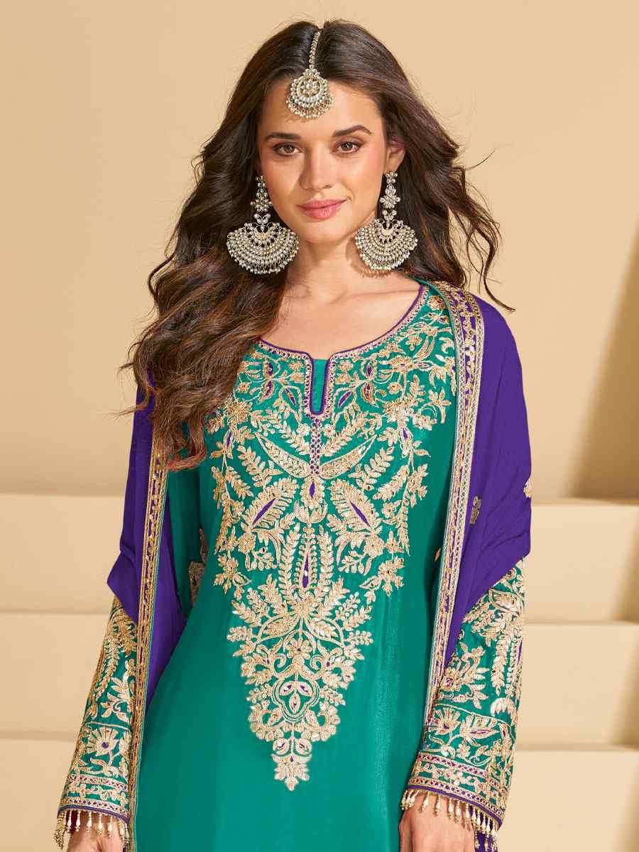 Green Real Chinon Silk Embroidered Party Wedding Ready Palazzo Pant Salwar Kameez