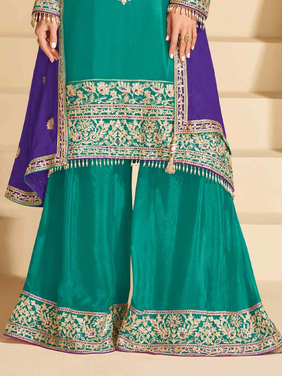 Green Real Chinon Silk Embroidered Party Wedding Ready Palazzo Pant Salwar Kameez