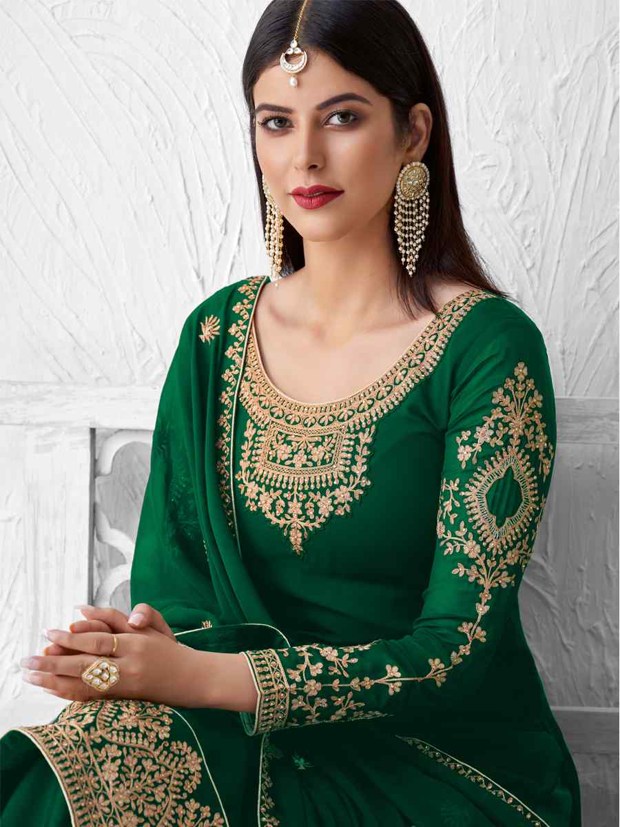 Green Real Faux Georgette Embroidered Party Festival Palazzo Pant Salwar Kameez