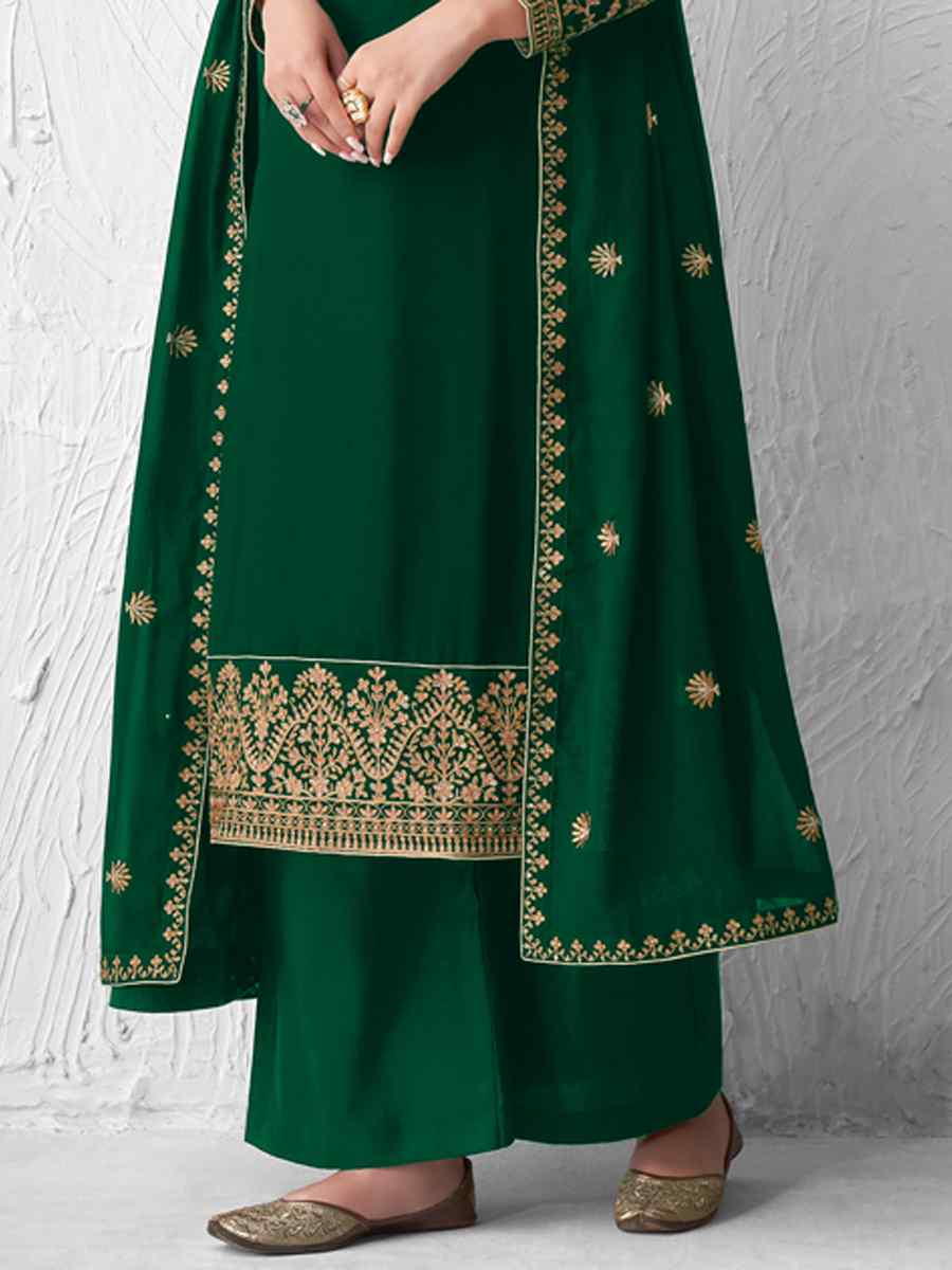 Green Real Faux Georgette Embroidered Party Festival Palazzo Pant Salwar Kameez