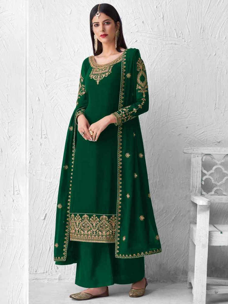 Green Real Faux Georgette Embroidered Party Festival Palazzo Pant Salwar Kameez