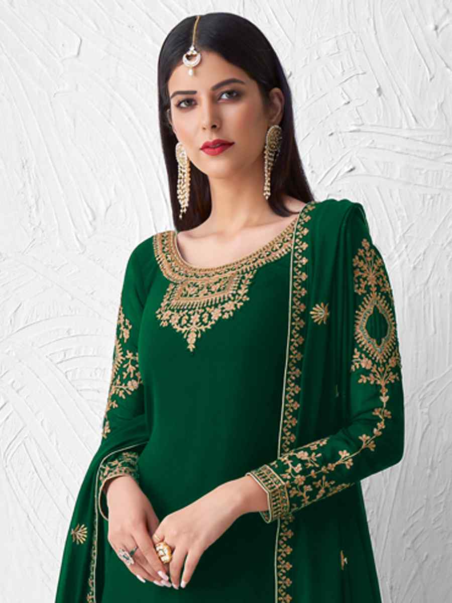 Green Real Faux Georgette Embroidered Party Festival Palazzo Pant Salwar Kameez