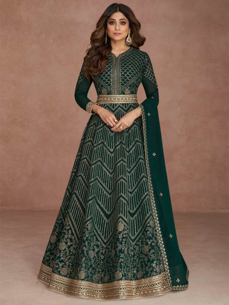 Green Real Georgette Embroidered Festival Wedding Ready Anarkali Bollywood Style Salwar Kameez