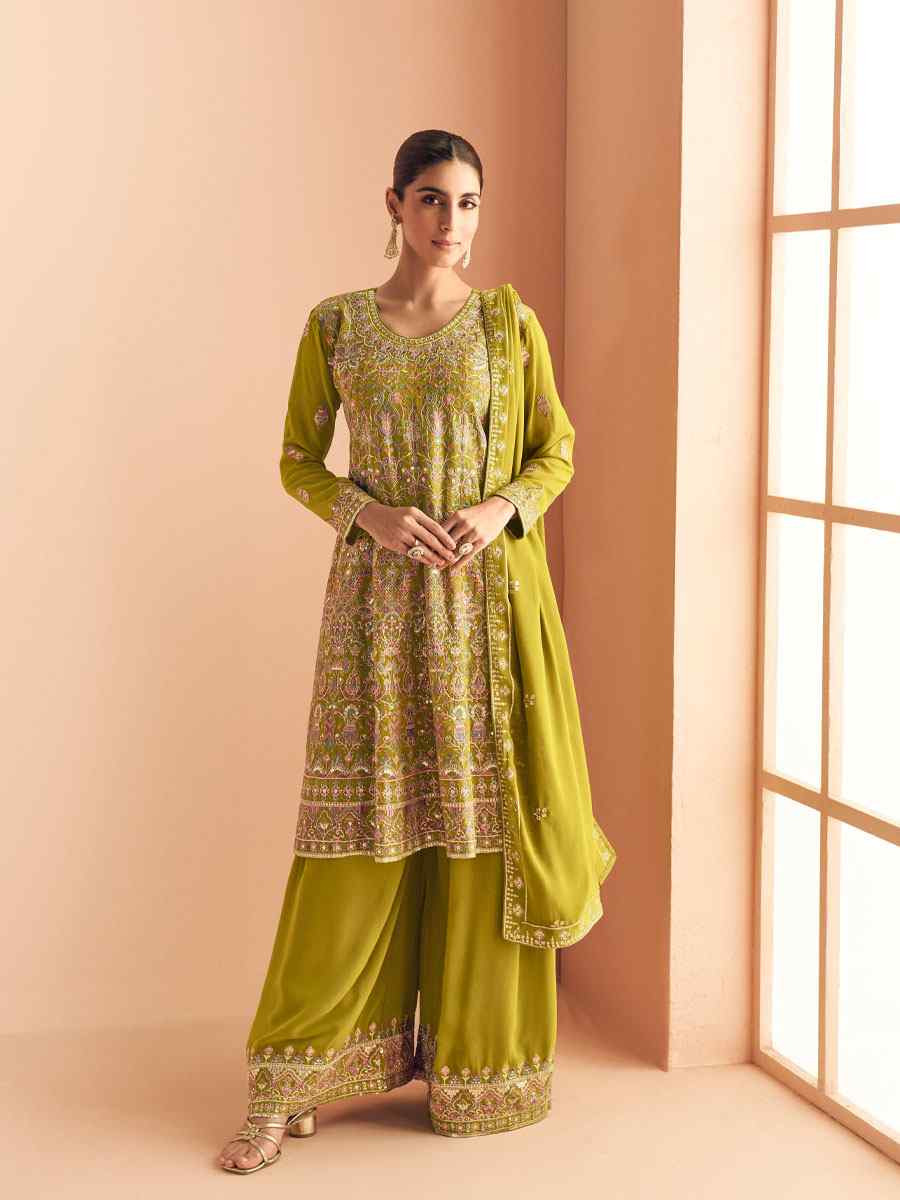 Green Real Georgette Embroidered Party Wedding Ready Palazzo Pant Salwar Kameez