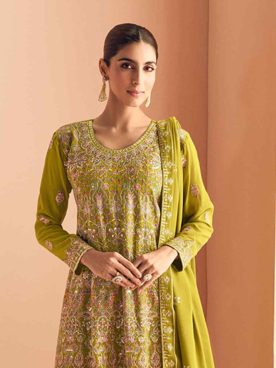 Green Real Georgette Embroidered Party Wedding Ready Palazzo Pant Salwar Kameez