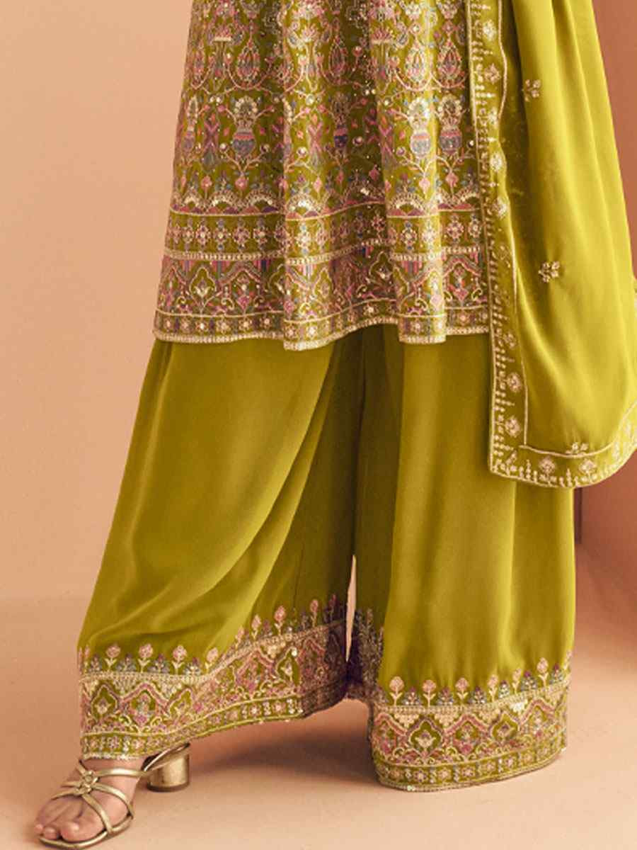 Green Real Georgette Embroidered Party Wedding Ready Palazzo Pant Salwar Kameez
