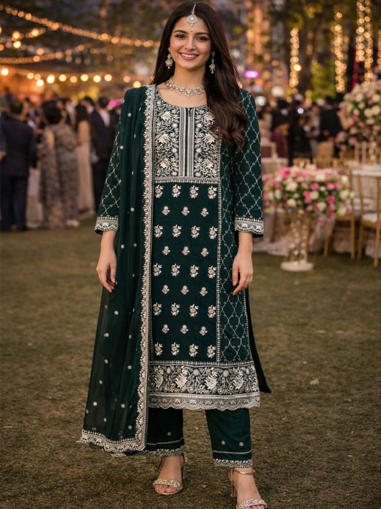 Image of Green Real Premium Georgette Embroidery Party Wedding and Sequins Work Festival Casual Ready Pant Salwar Kameez