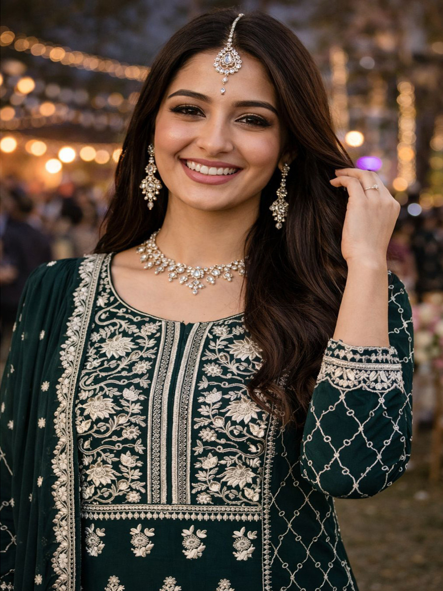 Green Real Premium Georgette Embroidery Party Wedding and Sequins Work Festival Casual Ready Pant Salwar Kameez