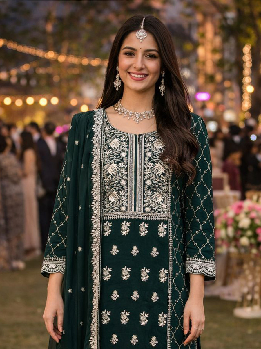 Green Real Premium Georgette Embroidery Party Wedding and Sequins Work Festival Casual Ready Pant Salwar Kameez