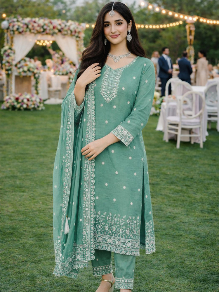 Image of Green Real Premium Gold Crush Silk Embroidery Party Wedding Festival Casual Ready Pant Salwar Kameez