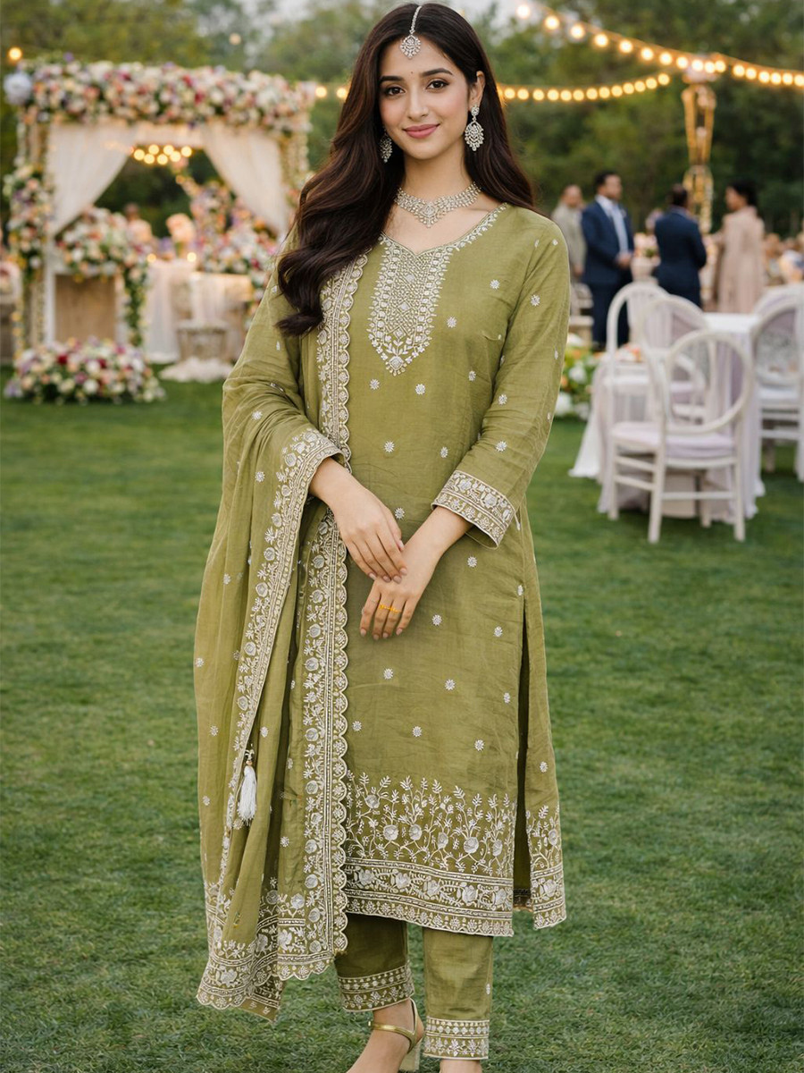 Green Real Premium Gold Crush Silk Embroidery Party Wedding Festival Casual Ready Pant Salwar Kameez