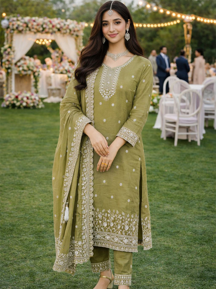 Image of Green Real Premium Gold Crush Silk Embroidery Party Wedding Festival Casual Ready Pant Salwar Kameez