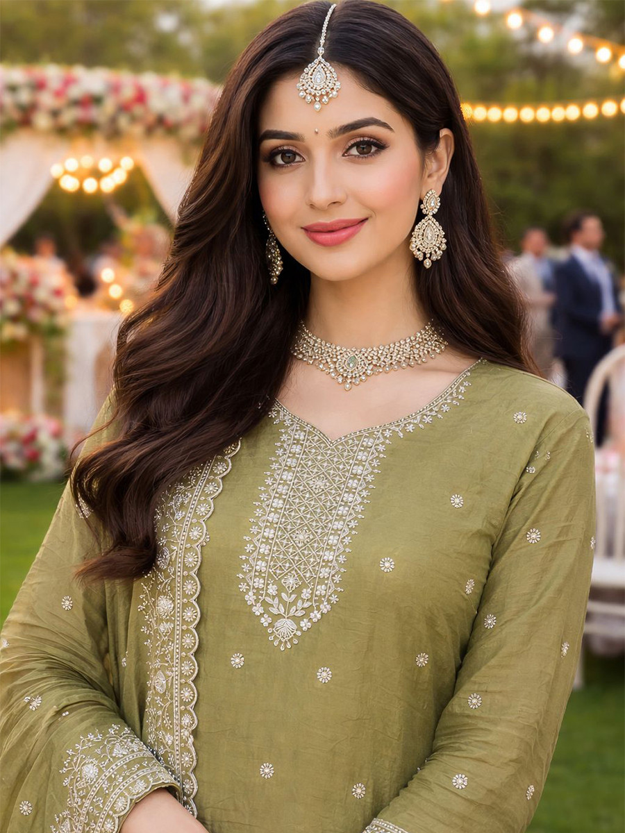 Green Real Premium Gold Crush Silk Embroidery Party Wedding Festival Casual Ready Pant Salwar Kameez