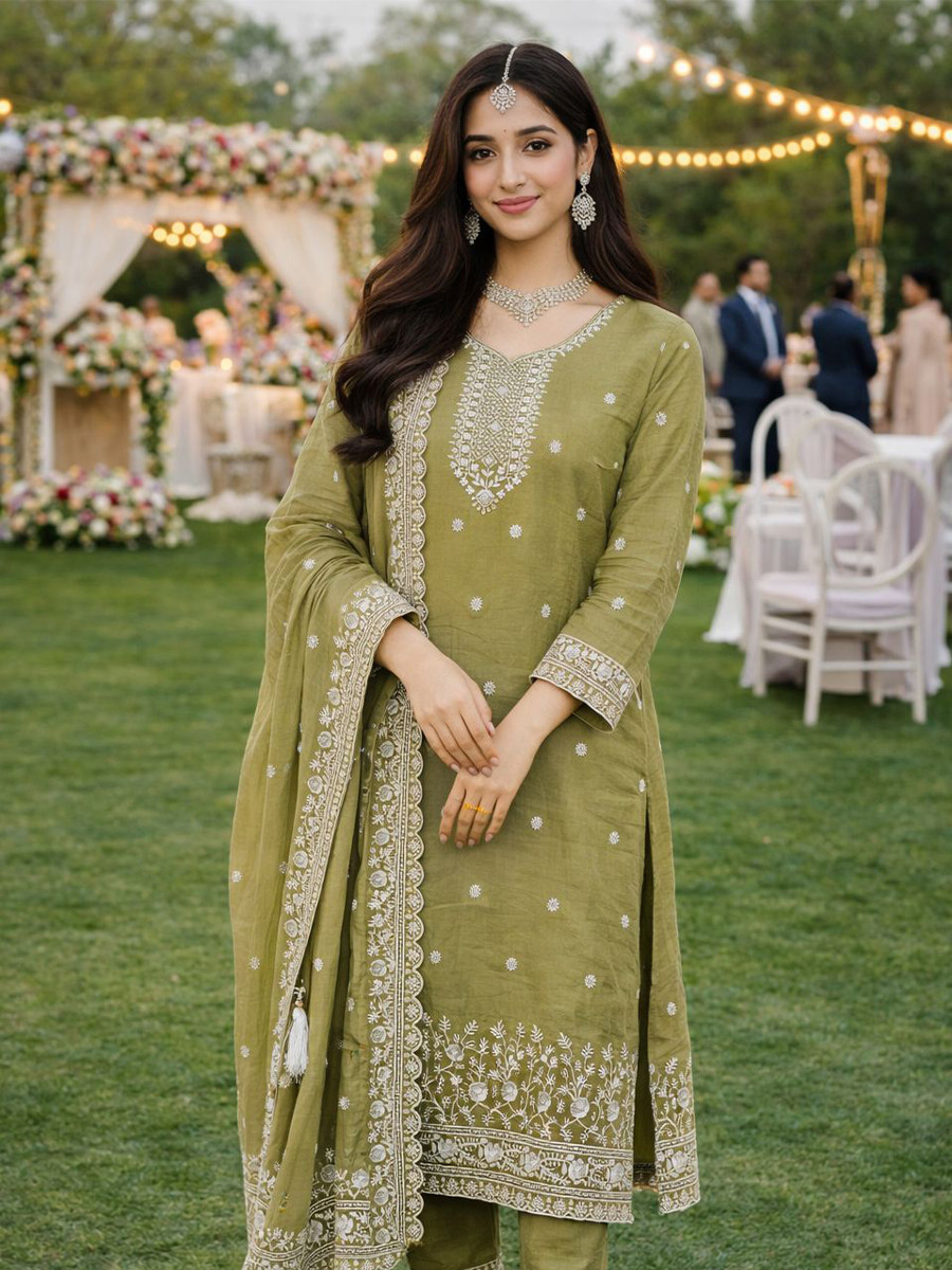 Green Real Premium Gold Crush Silk Embroidery Party Wedding Festival Casual Ready Pant Salwar Kameez