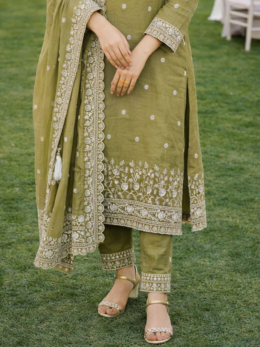 Green Real Premium Gold Crush Silk Embroidery Party Wedding Festival Casual Ready Pant Salwar Kameez