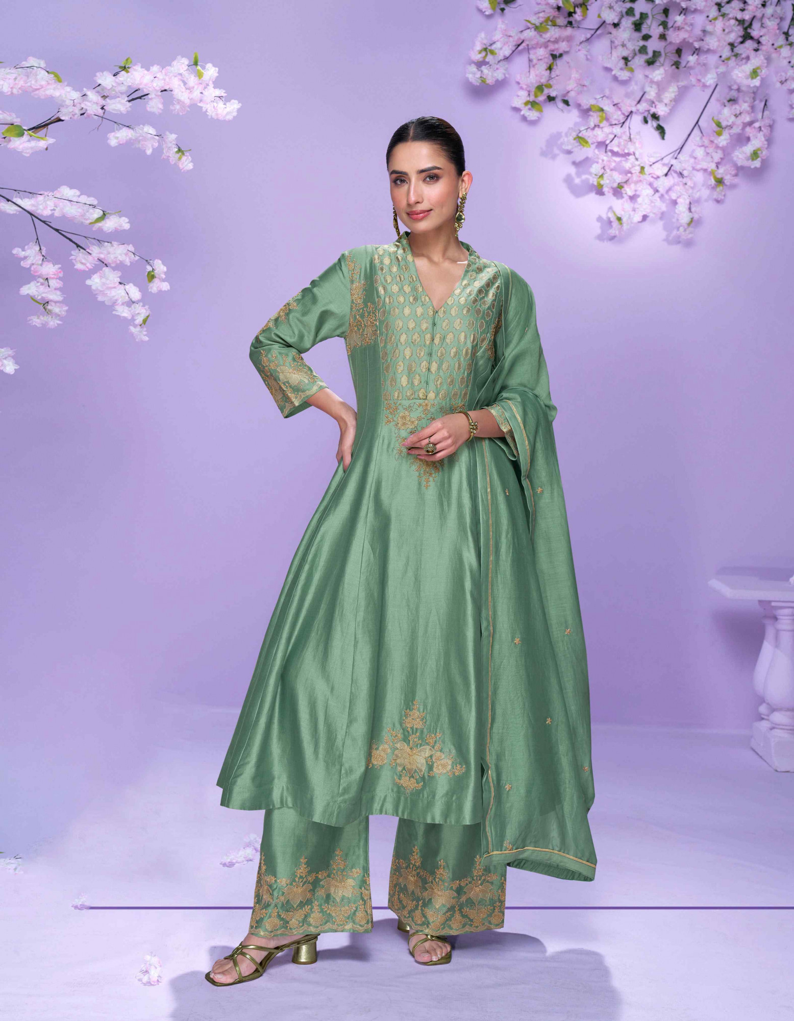 Green Real Premium Roman Silk Embroidery Party Wedding Festival Casual Ready Palazzo Pant Salwar Kameez
