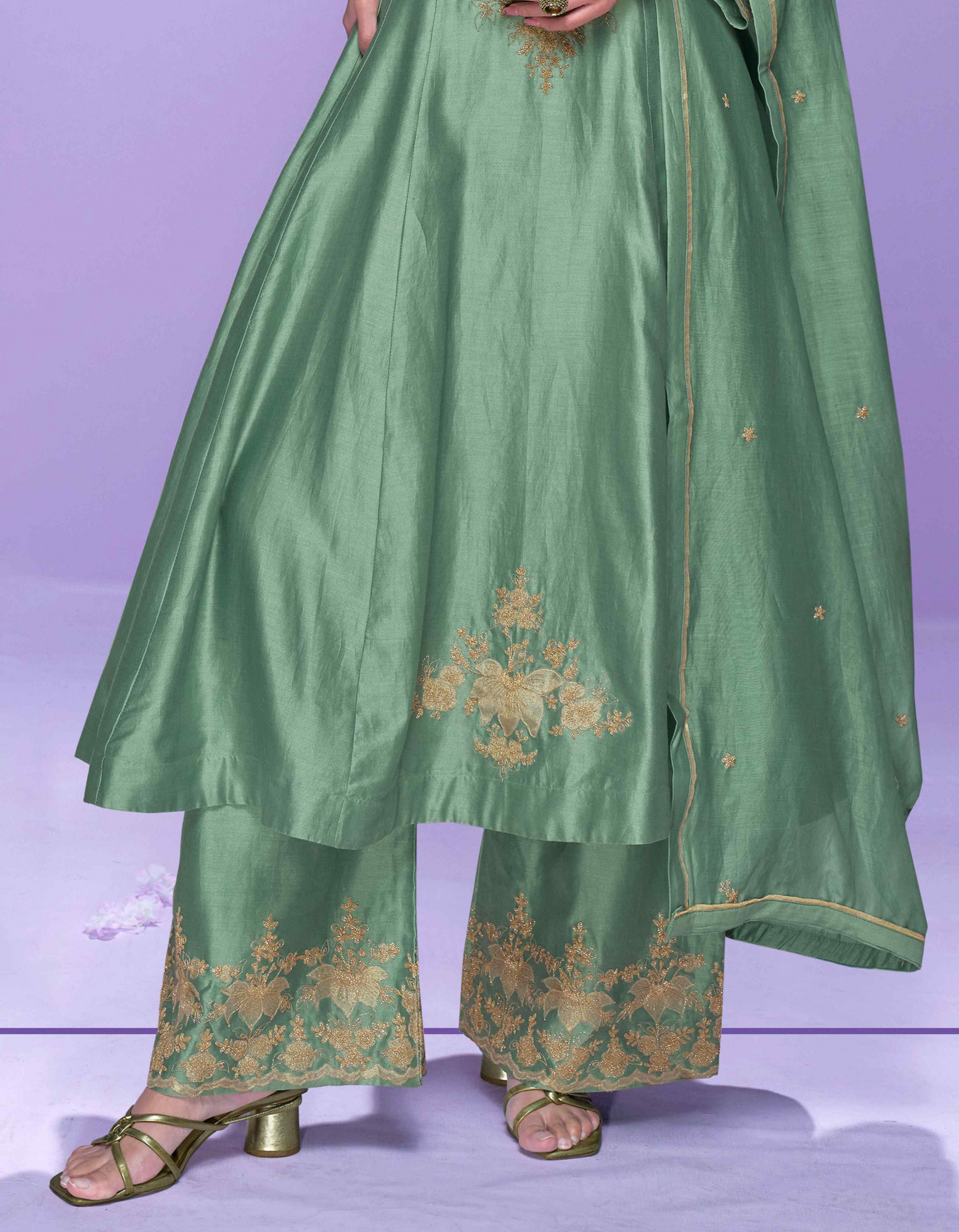Green Real Premium Roman Silk Embroidery Party Wedding Festival Casual Ready Palazzo Pant Salwar Kameez