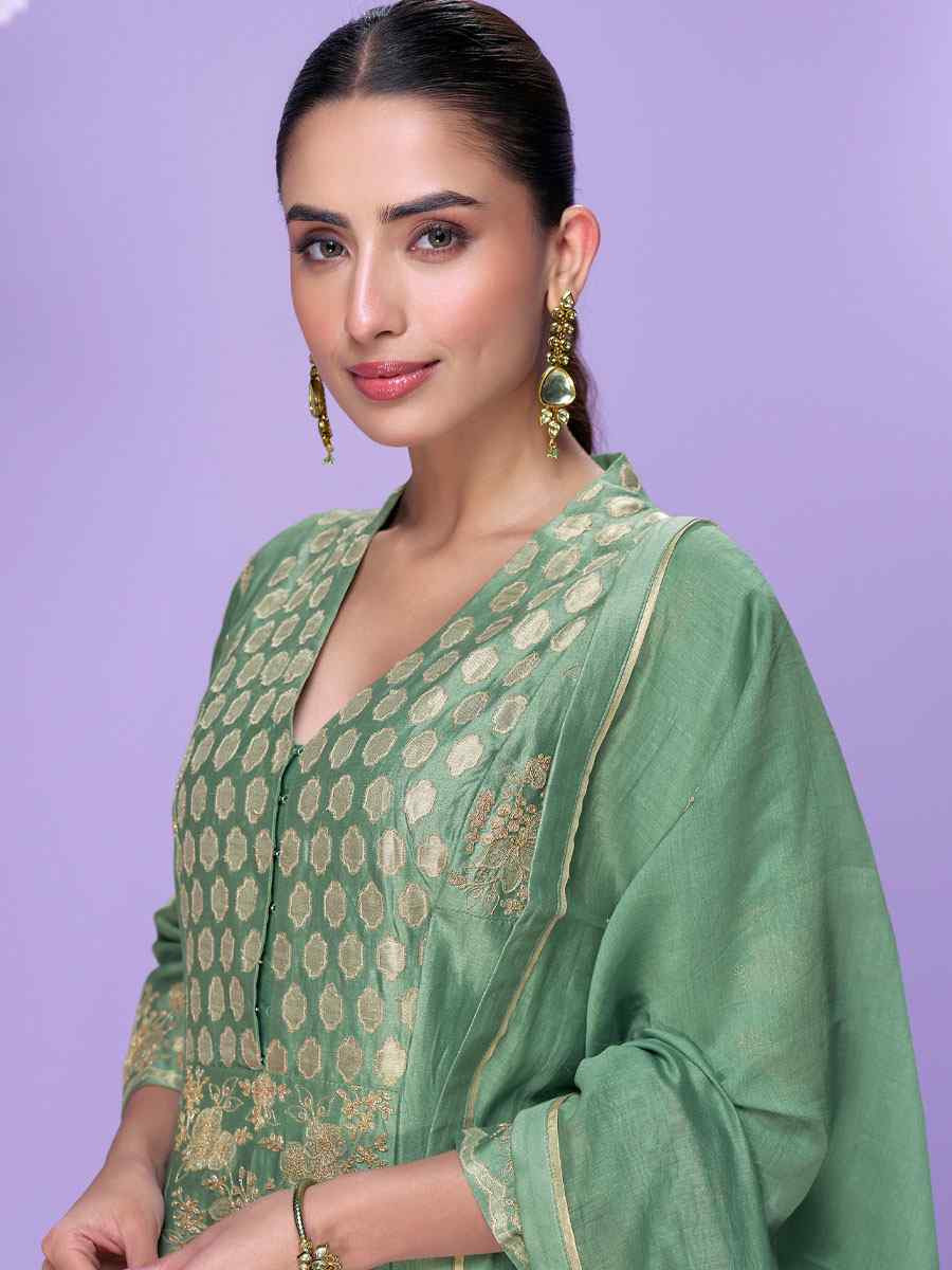 Green Real Premium Roman Silk Embroidery Party Wedding Festival Casual Ready Palazzo Pant Salwar Kameez