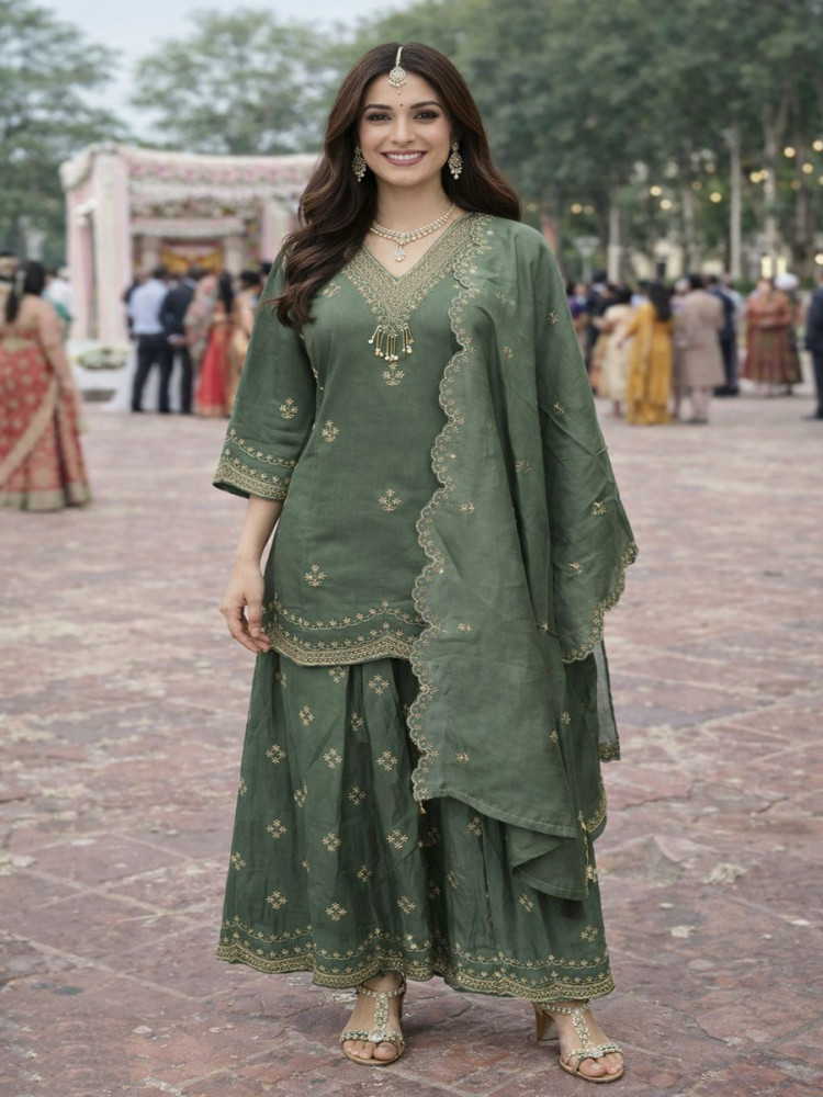 Image of Green Real Premium Roman Silk Embroidery Sequins Wedding Party Festival Casual Ready Palazzo Pant Salwar Kameez
