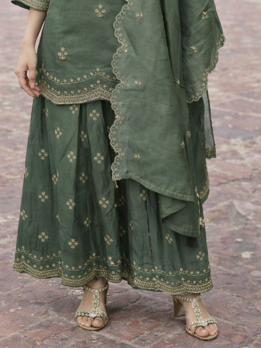 Green Real Premium Roman Silk Embroidery Sequins Wedding Party Festival Casual Ready Palazzo Pant Salwar Kameez