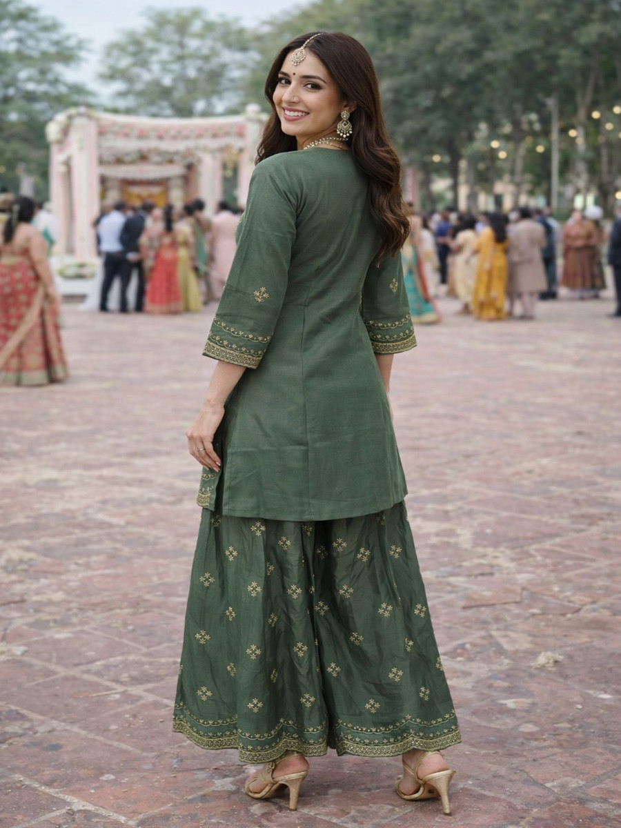 Green Real Premium Roman Silk Embroidery Sequins Wedding Party Festival Casual Ready Palazzo Pant Salwar Kameez