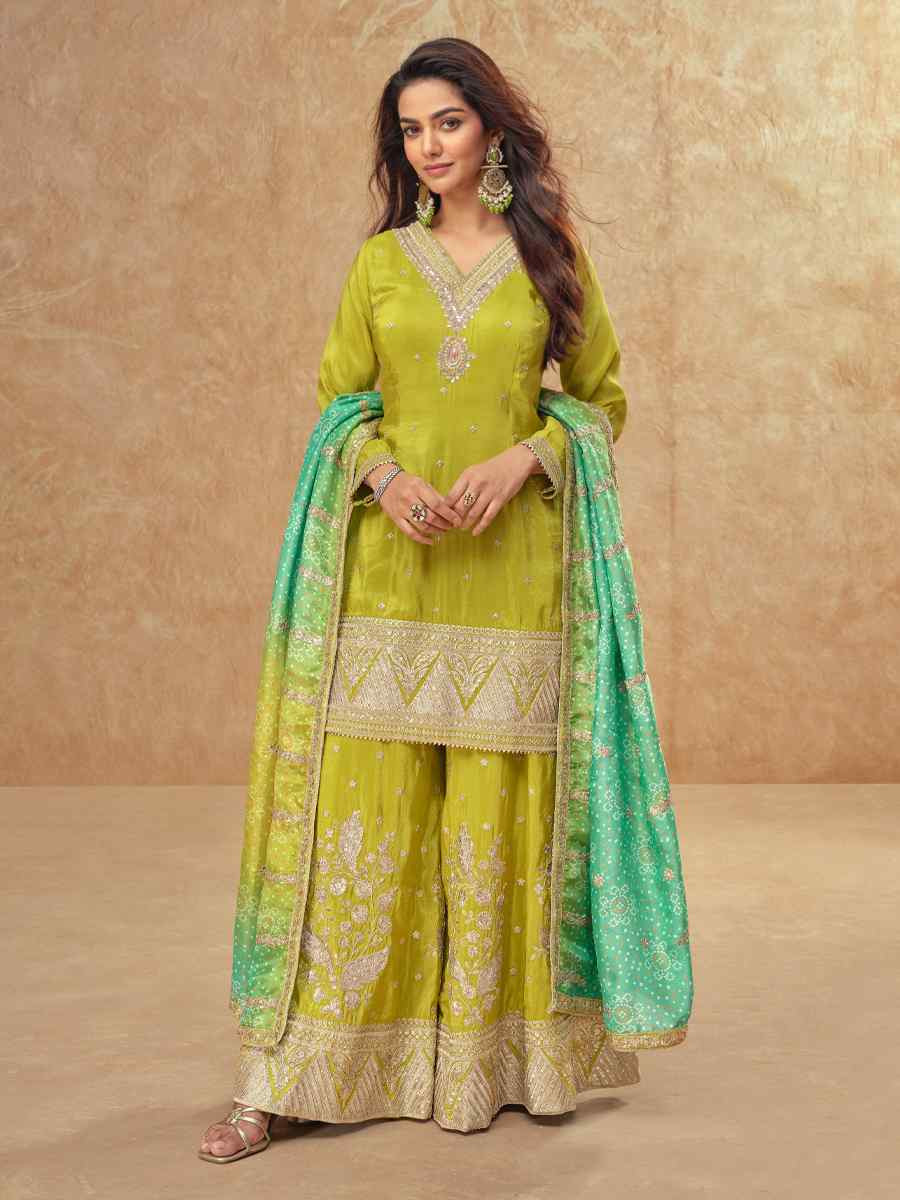 Green Real Simar Silk Embroidered Festival Casual Sharara Salwar Kameez
