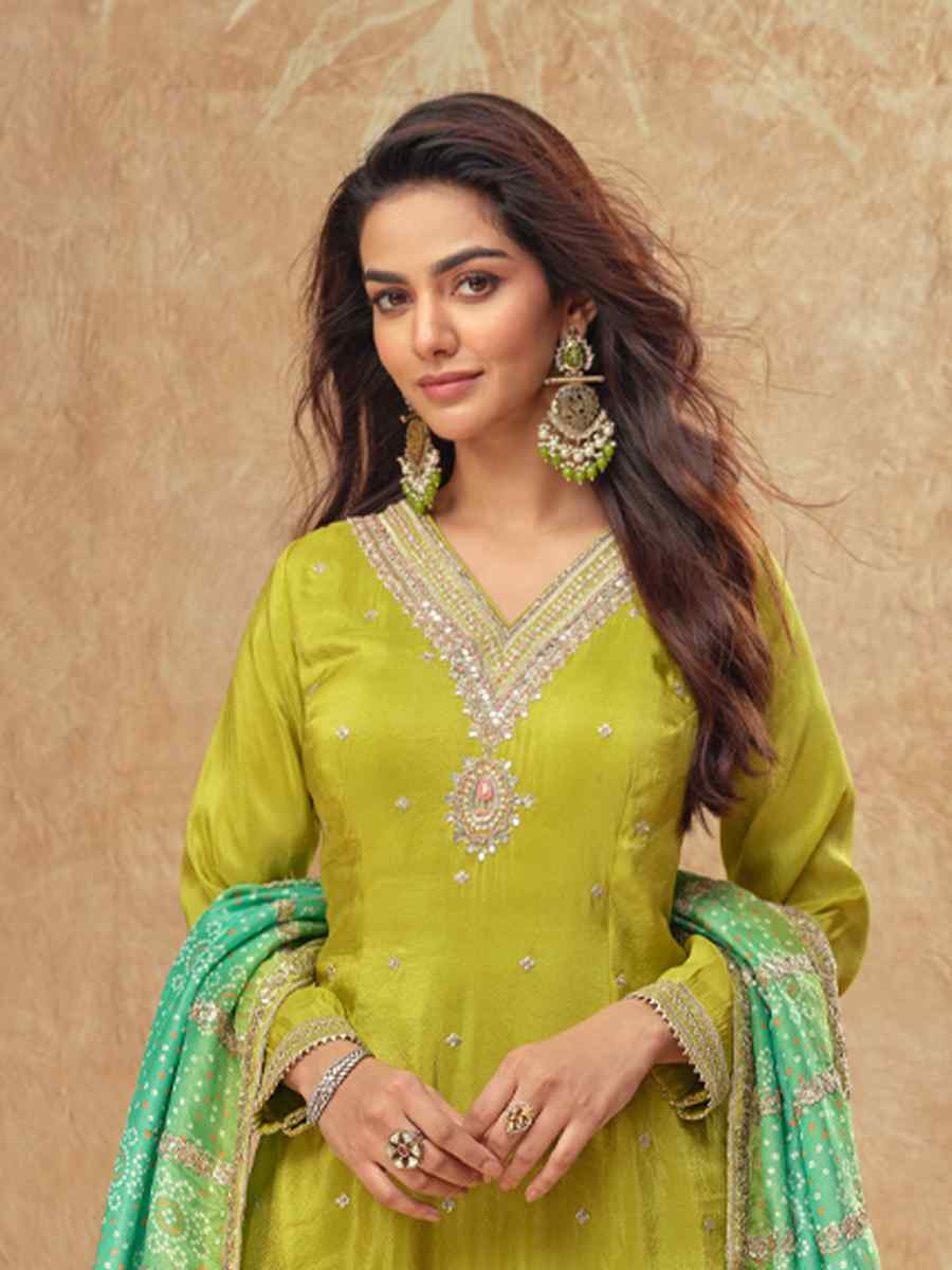 Green Real Simar Silk Embroidered Festival Casual Sharara Salwar Kameez