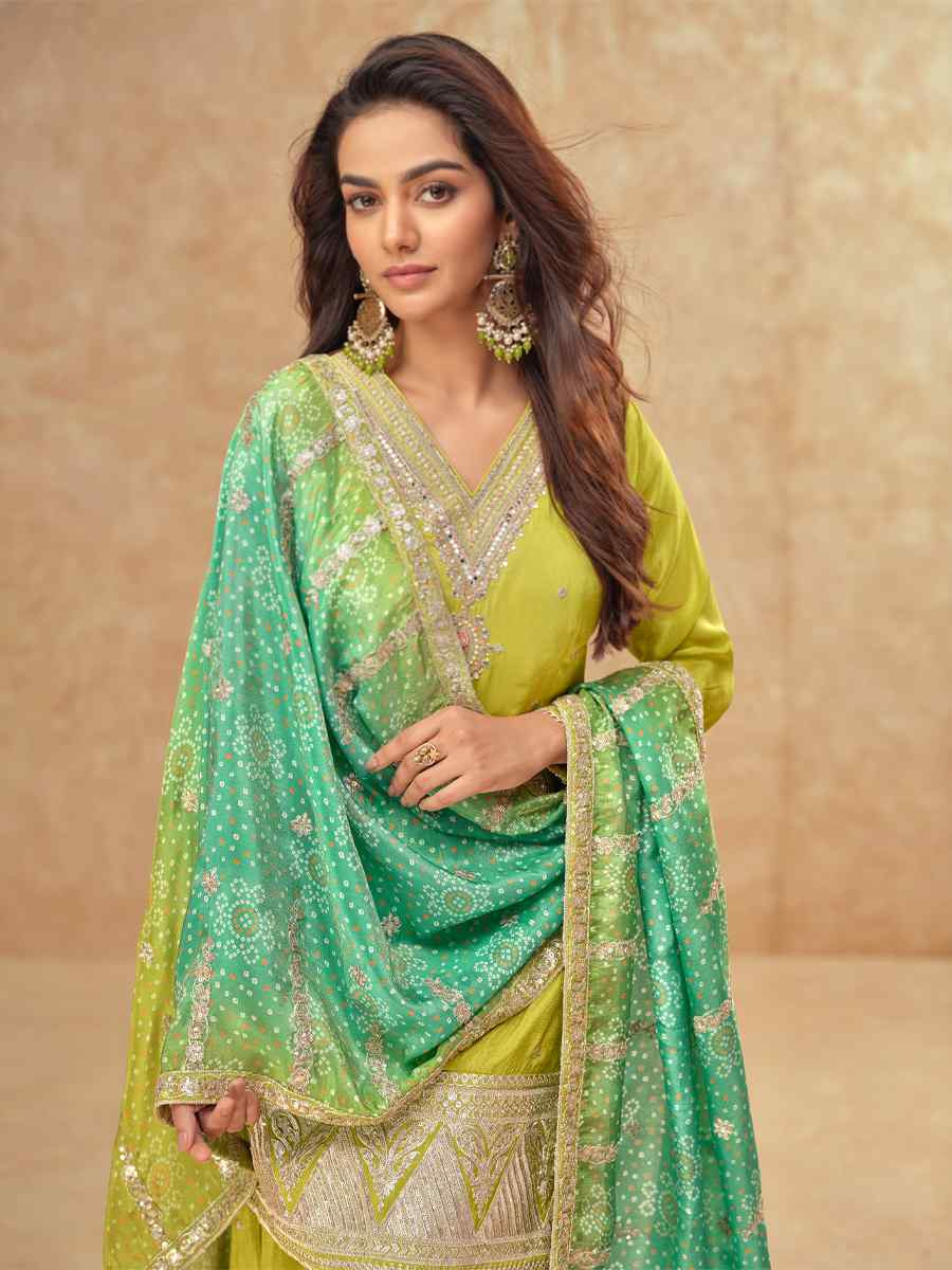 Green Real Simar Silk Embroidered Festival Casual Sharara Salwar Kameez