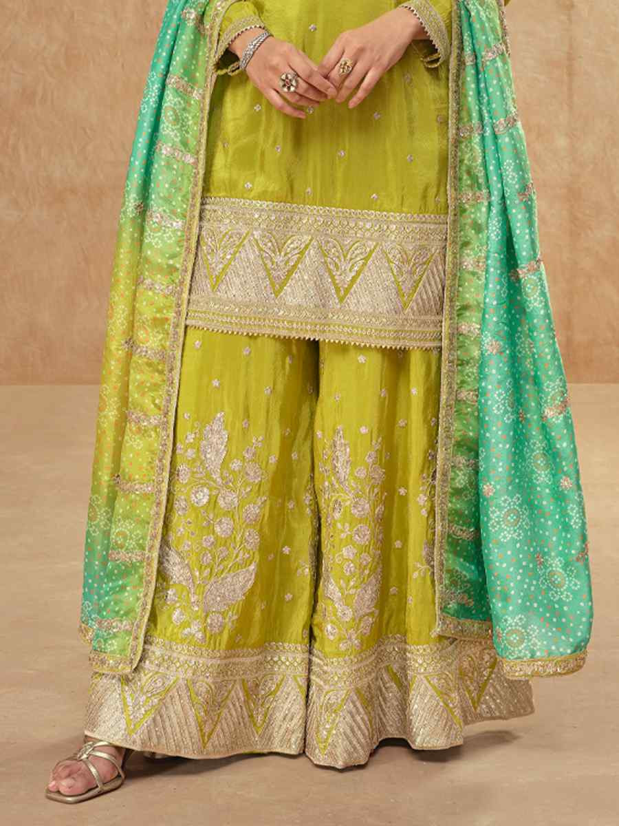 Green Real Simar Silk Embroidered Festival Casual Sharara Salwar Kameez