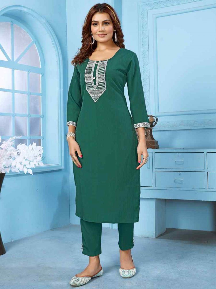 Green Rinkal Cotton Embroidered Festival Casual Kurti With Bottom