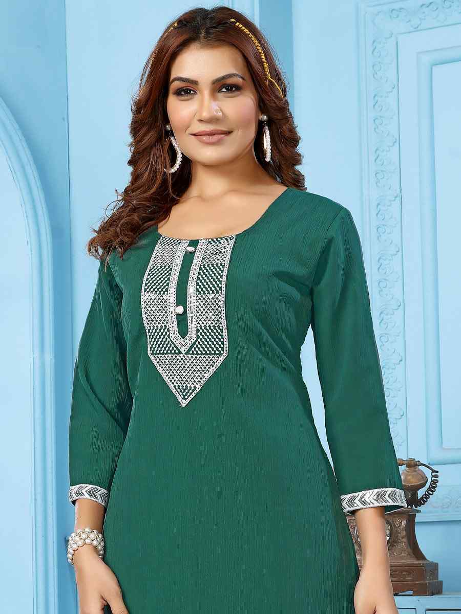 Green Rinkal Cotton Embroidered Festival Casual Kurti