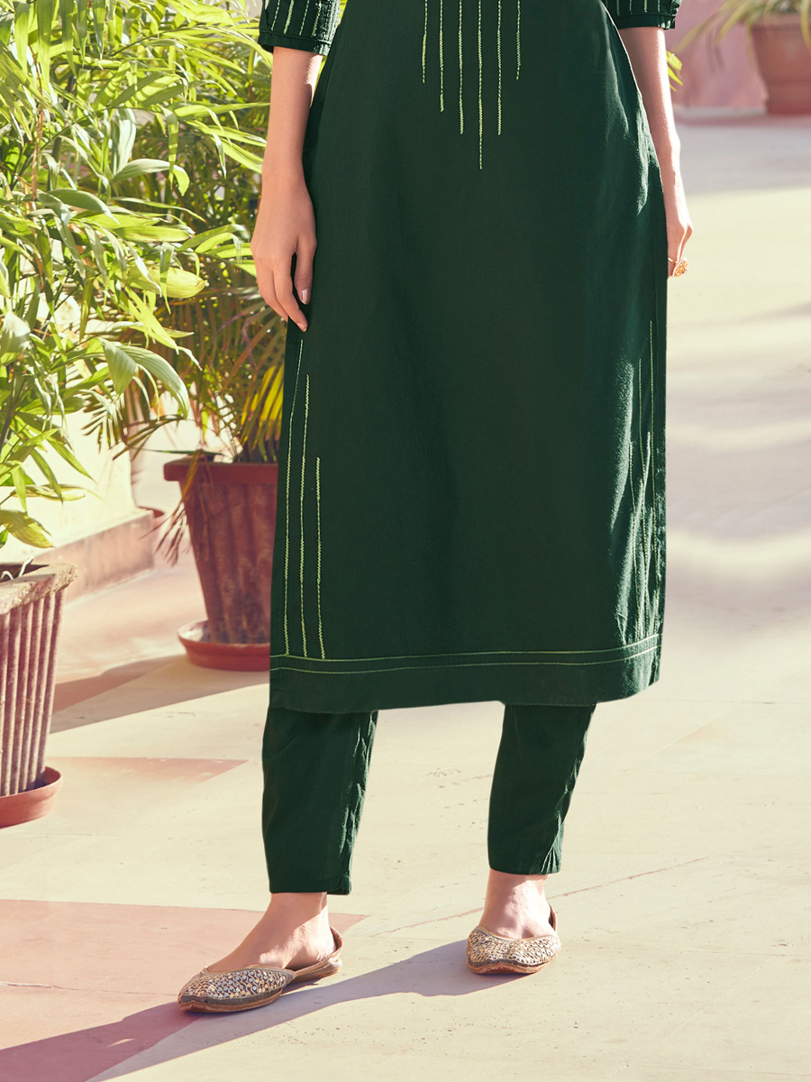 Green Roman Silk Embroidered Festival Casual Kurti With Bottom