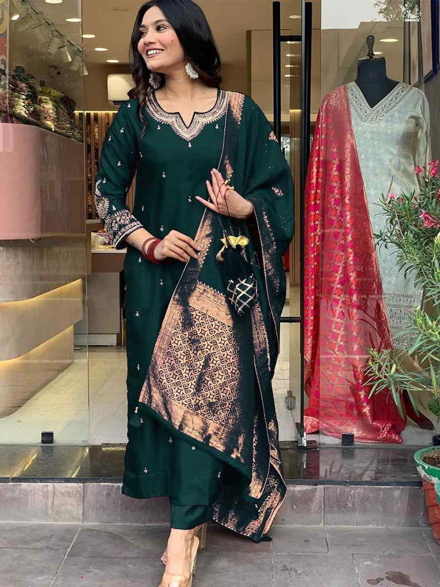 Green Roman Silk Embroidered Festival Casual Ready Pant Salwar Kameez