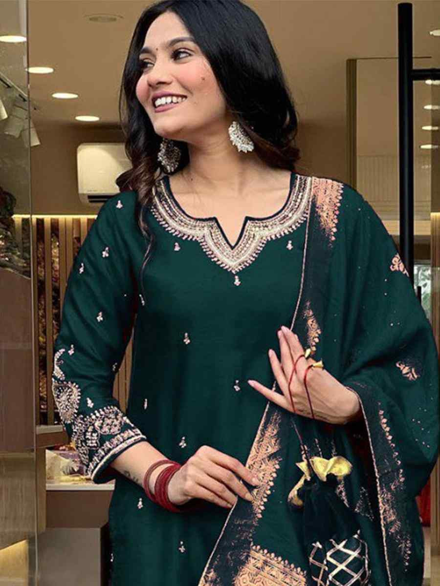 Green Roman Silk Embroidered Festival Casual Ready Pant Salwar Kameez