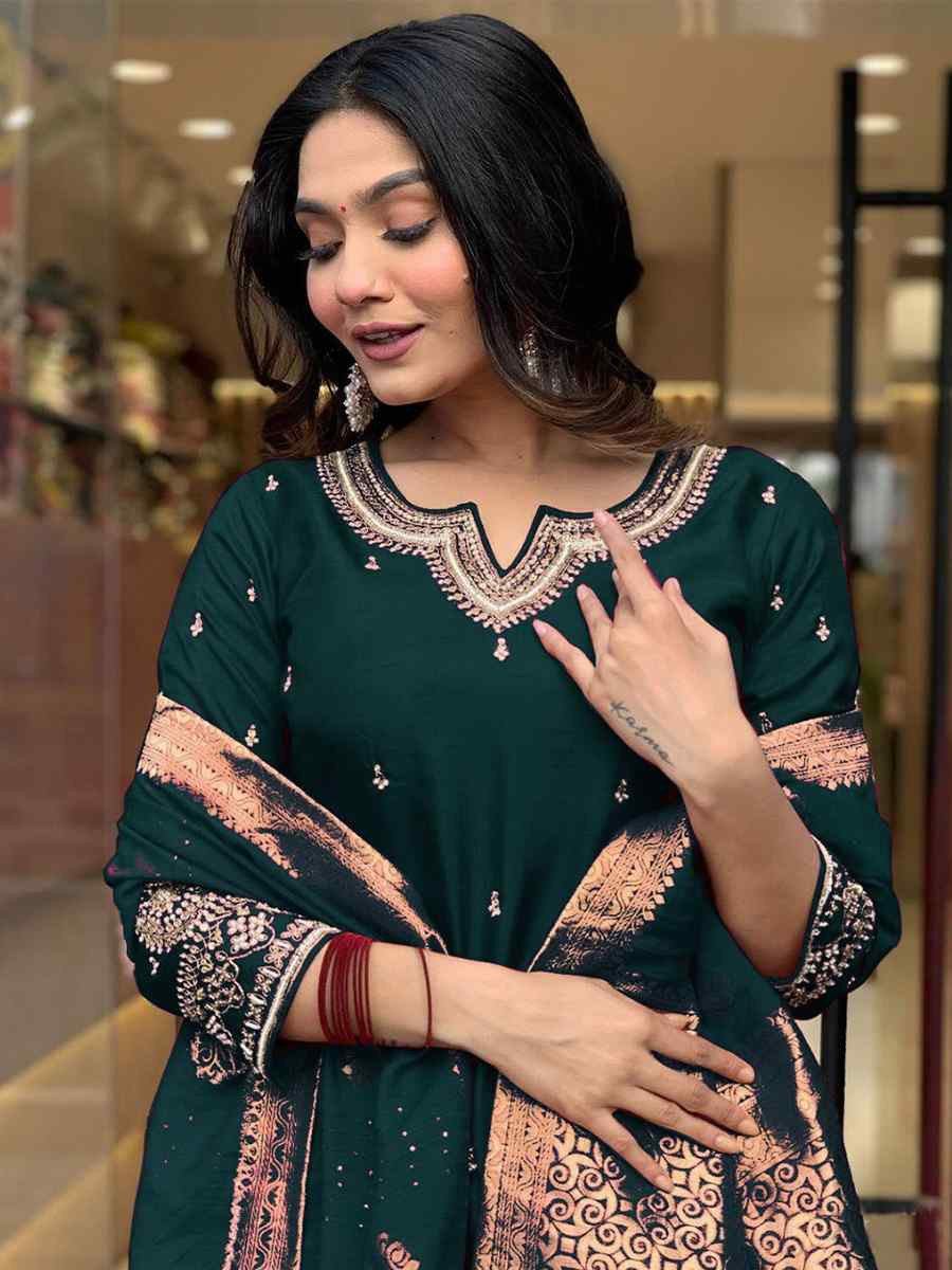 Green Roman Silk Embroidered Festival Casual Ready Pant Salwar Kameez