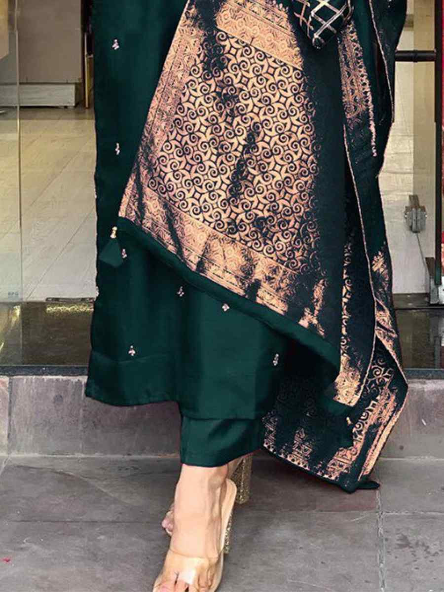 Green Roman Silk Embroidered Festival Casual Ready Pant Salwar Kameez