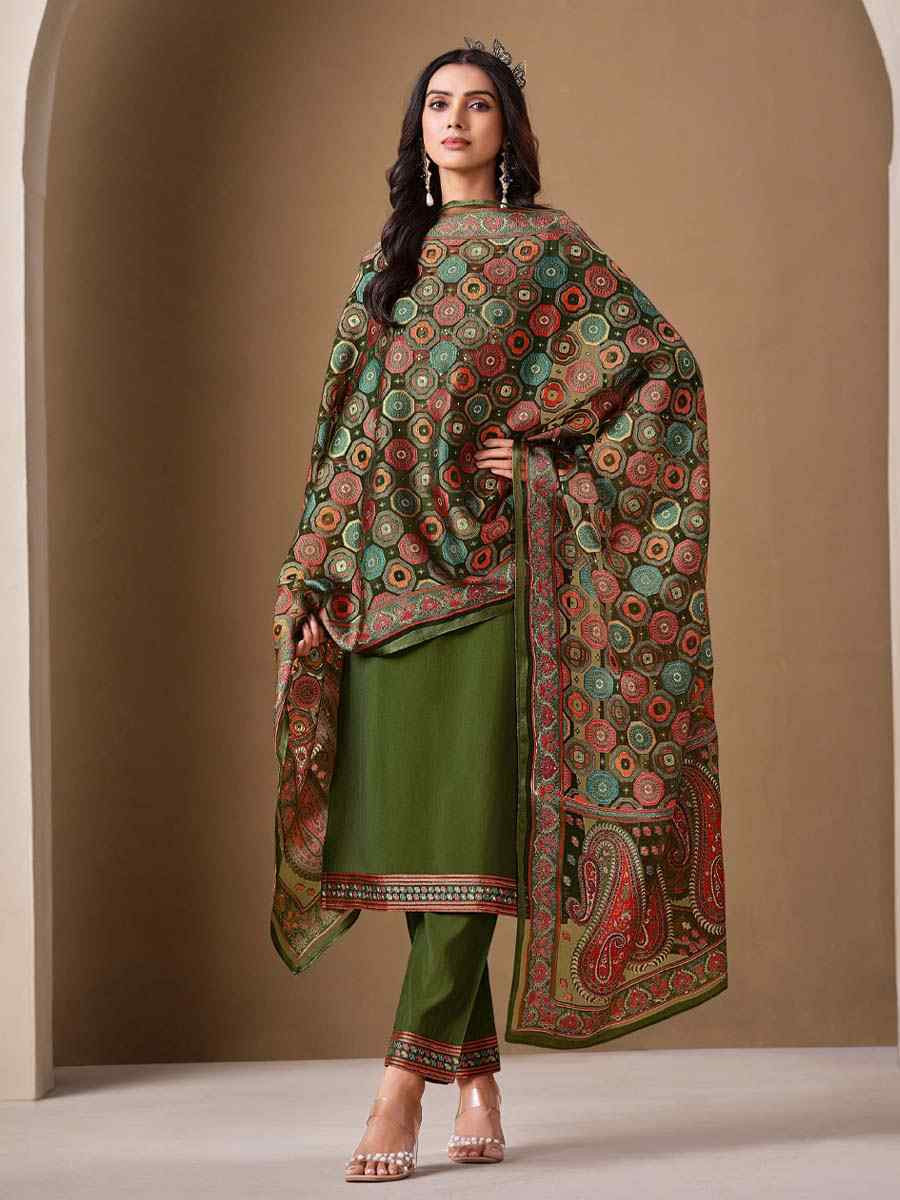 Green Roman Silk Embroidered Festival Mehendi Ready Pant Salwar Kameez