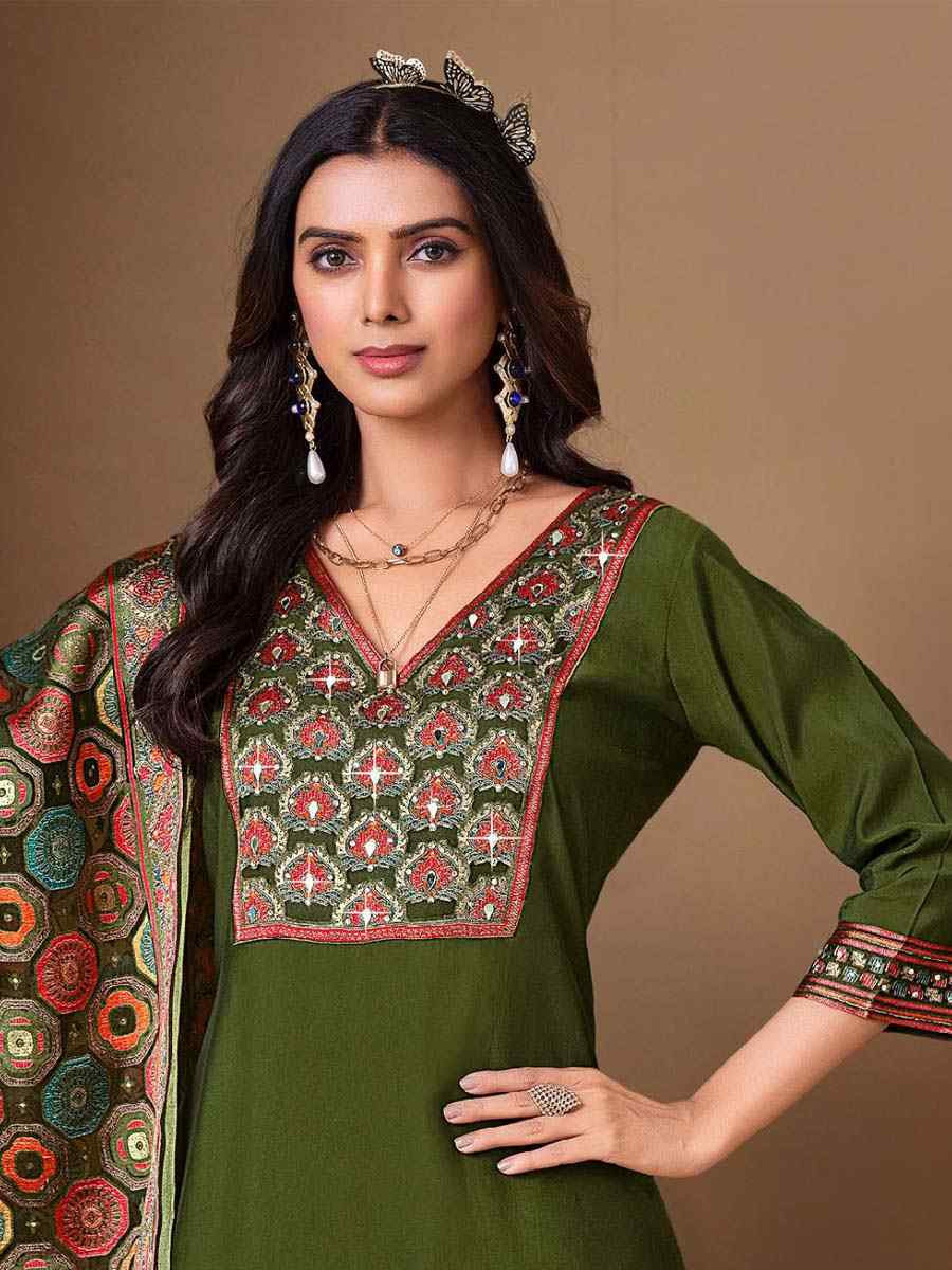 Green Roman Silk Embroidered Festival Mehendi Ready Pant Salwar Kameez