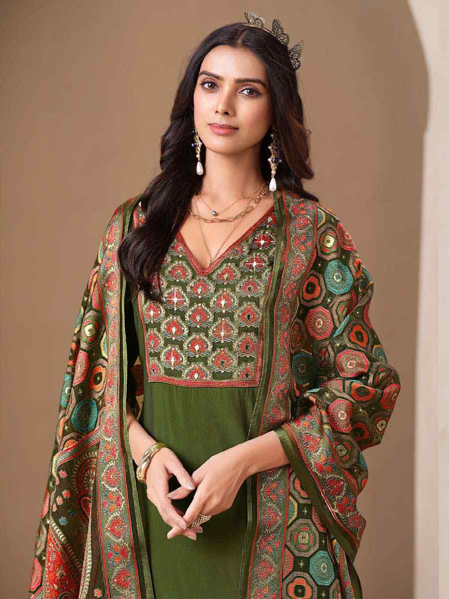Green Roman Silk Embroidered Festival Mehendi Ready Pant Salwar Kameez