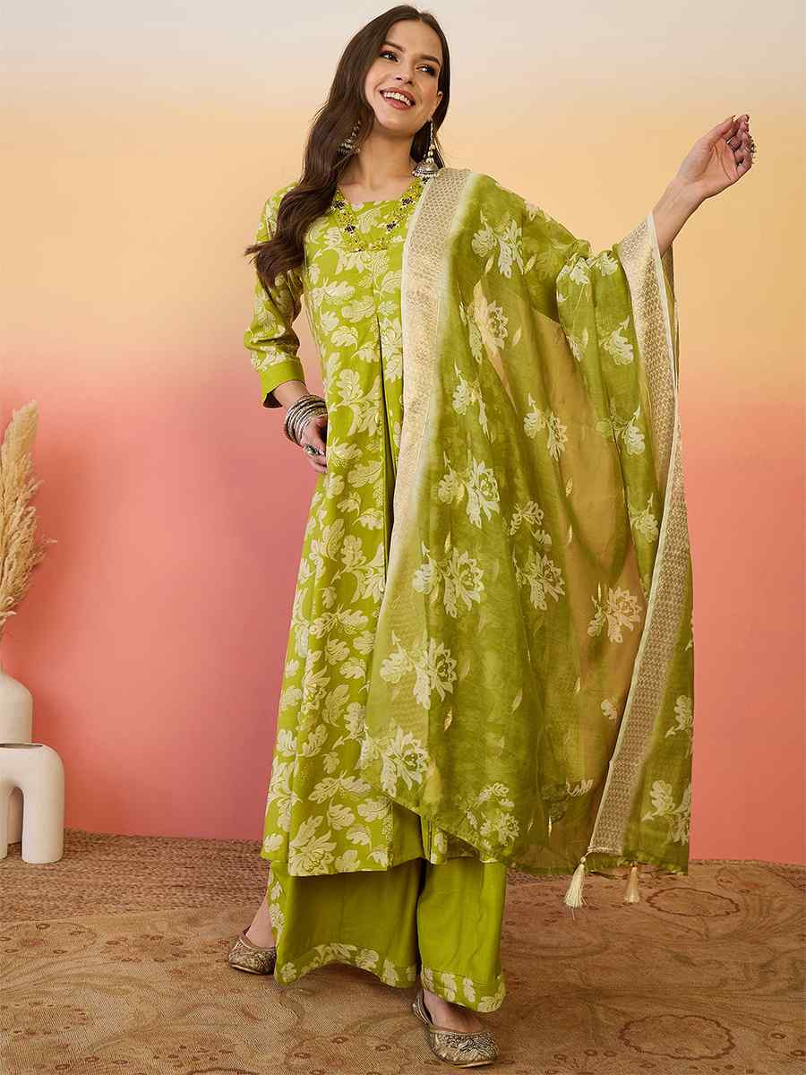 Green Roman Silk Embroidered Party Wedding Ready A-Line Salwar Kameez