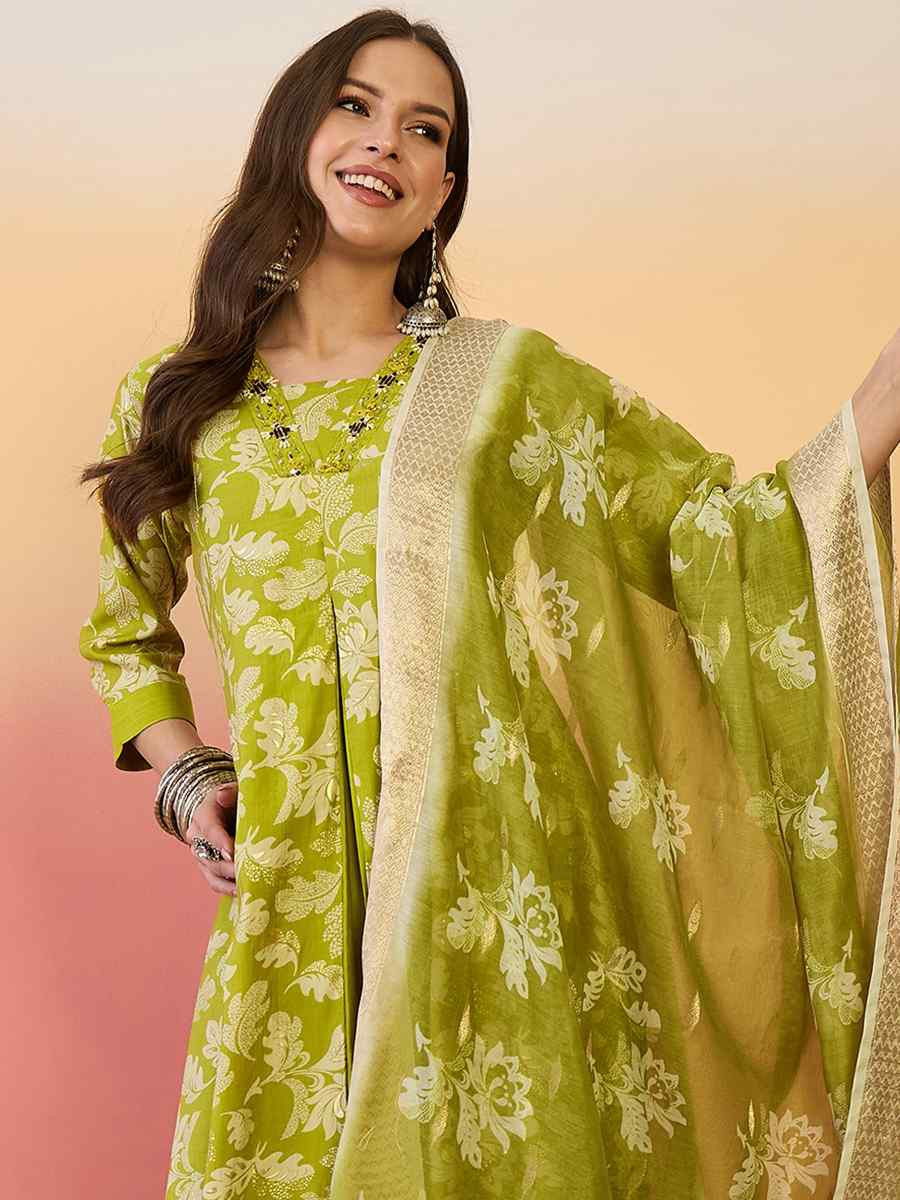 Green Roman Silk Embroidered Party Wedding Ready A-Line Salwar Kameez