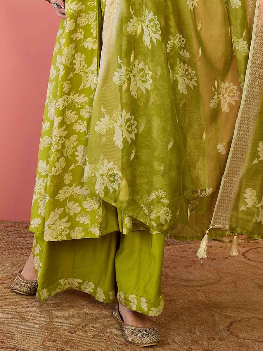 Green Roman Silk Embroidered Party Wedding Ready A-Line Salwar Kameez