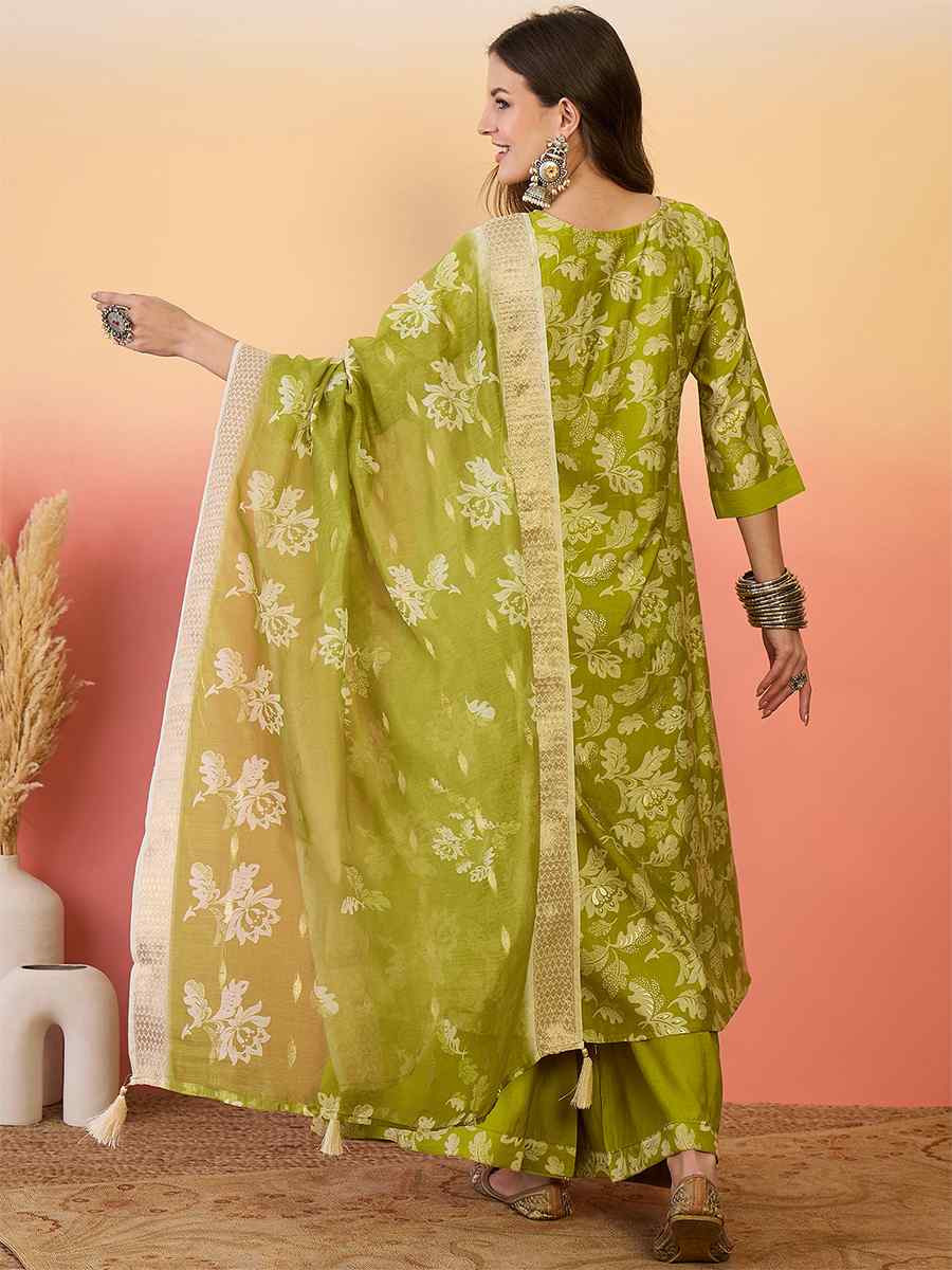 Green Roman Silk Embroidered Party Wedding Ready A-Line Salwar Kameez