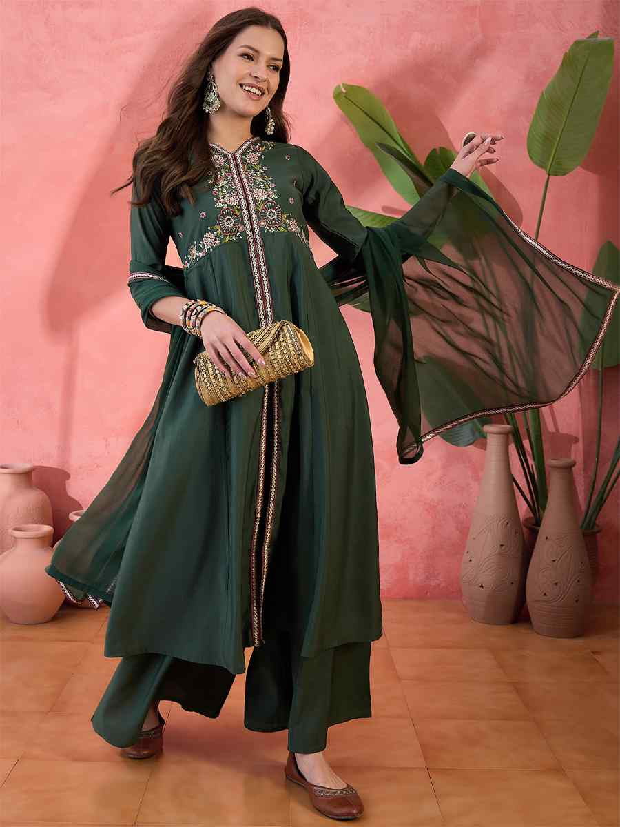 Green Roman Silk Embroidered Party Wedding Ready Palazzo Pant Salwar Kameez