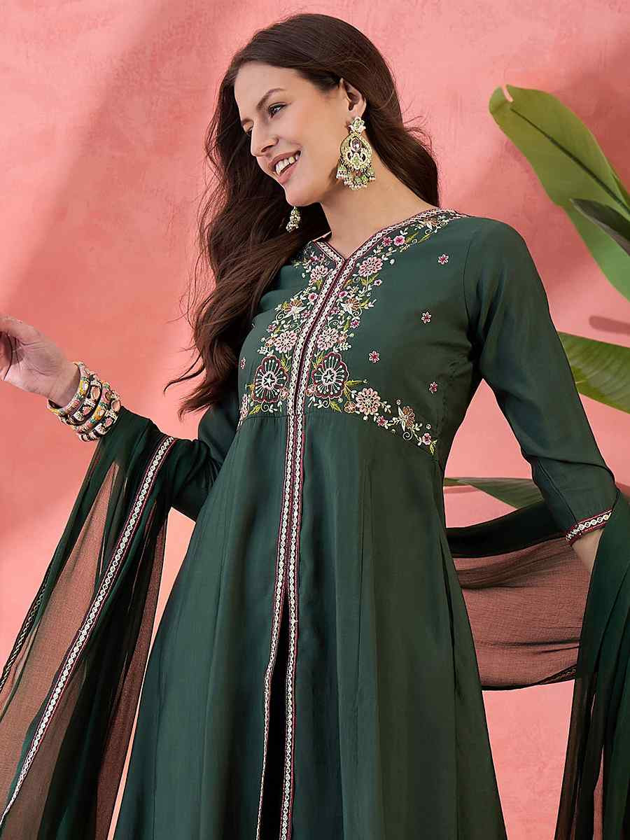 Green Roman Silk Embroidered Party Wedding Ready Palazzo Pant Salwar Kameez