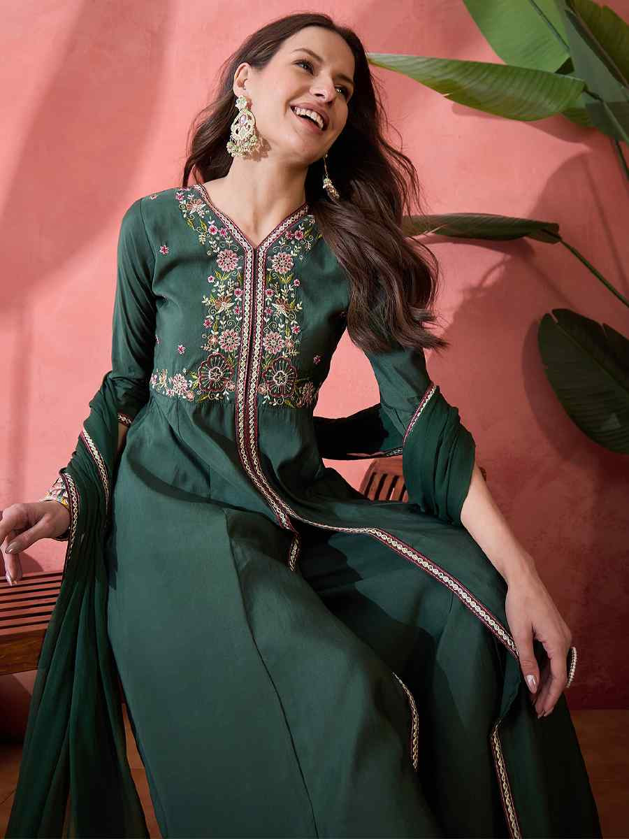 Green Roman Silk Embroidered Party Wedding Ready Palazzo Pant Salwar Kameez