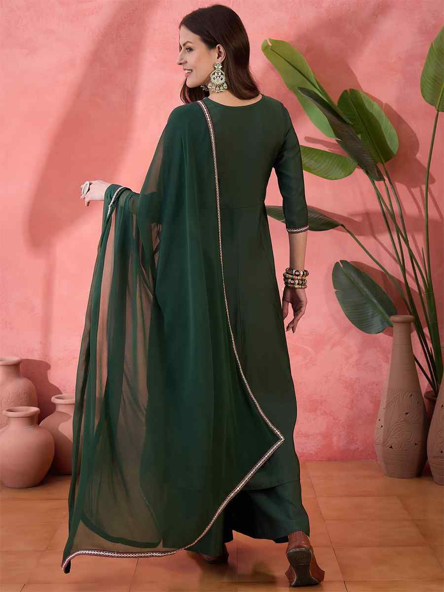Green Roman Silk Embroidered Party Wedding Ready Palazzo Pant Salwar Kameez